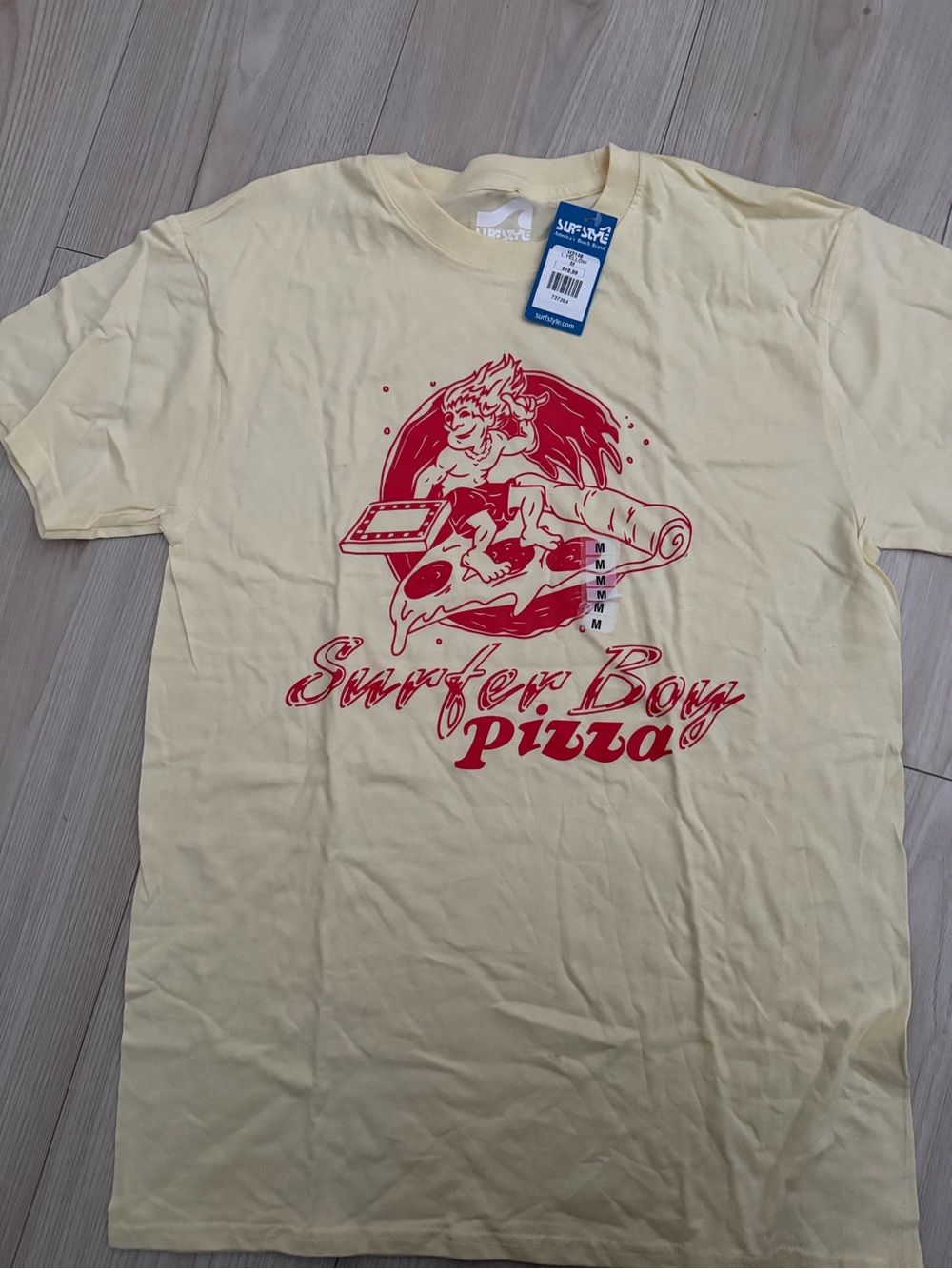 NWT Stranger Things Surfer Boy Pizza Graphic Tee - Cream with Red Print